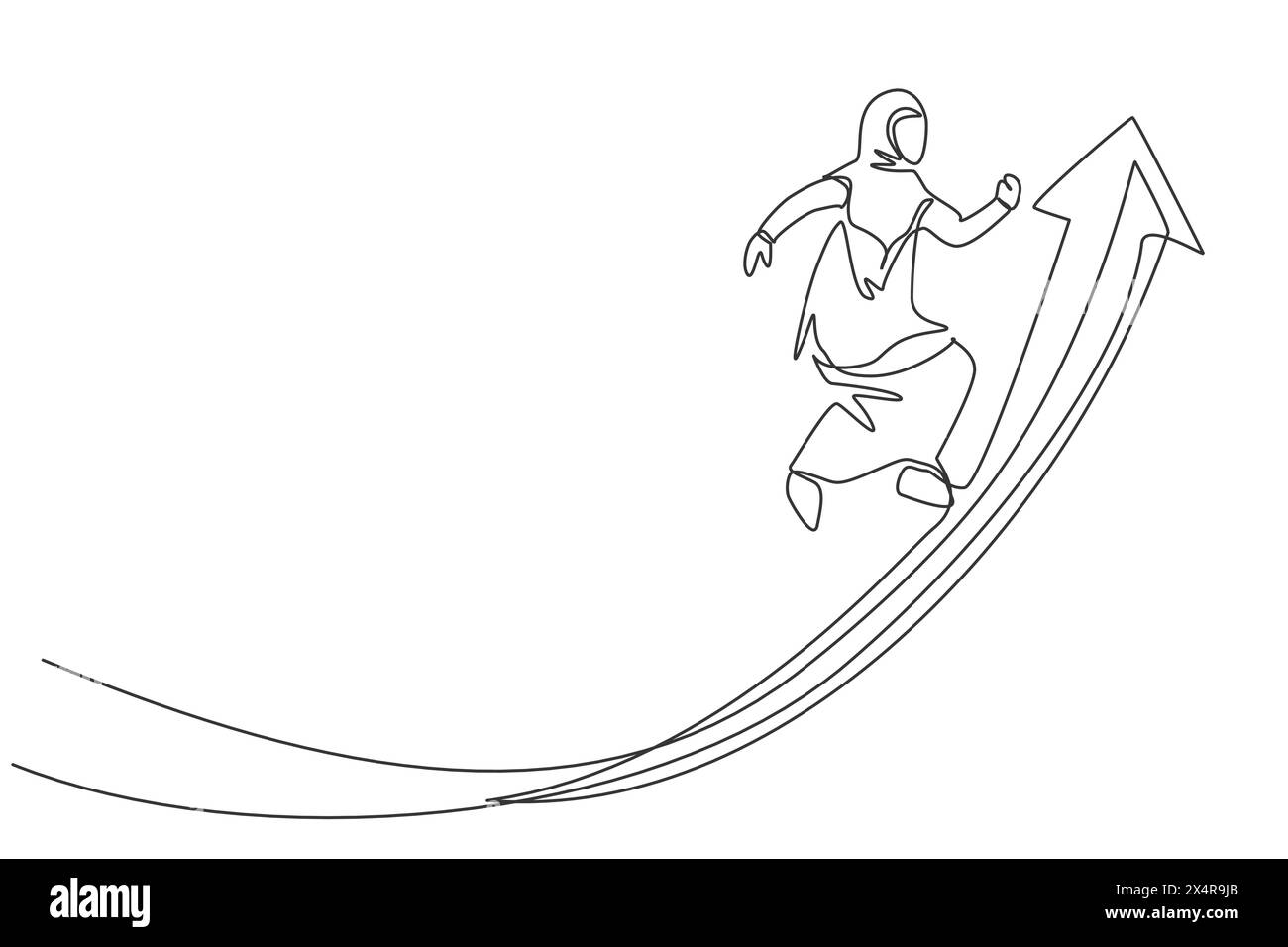 Disegno continuo di una linea di giovane lavoratrice araba che salta in alto sul simbolo della freccia su. Concetto minimalista di Success Business Manager. Camera singola alla moda Illustrazione Vettoriale