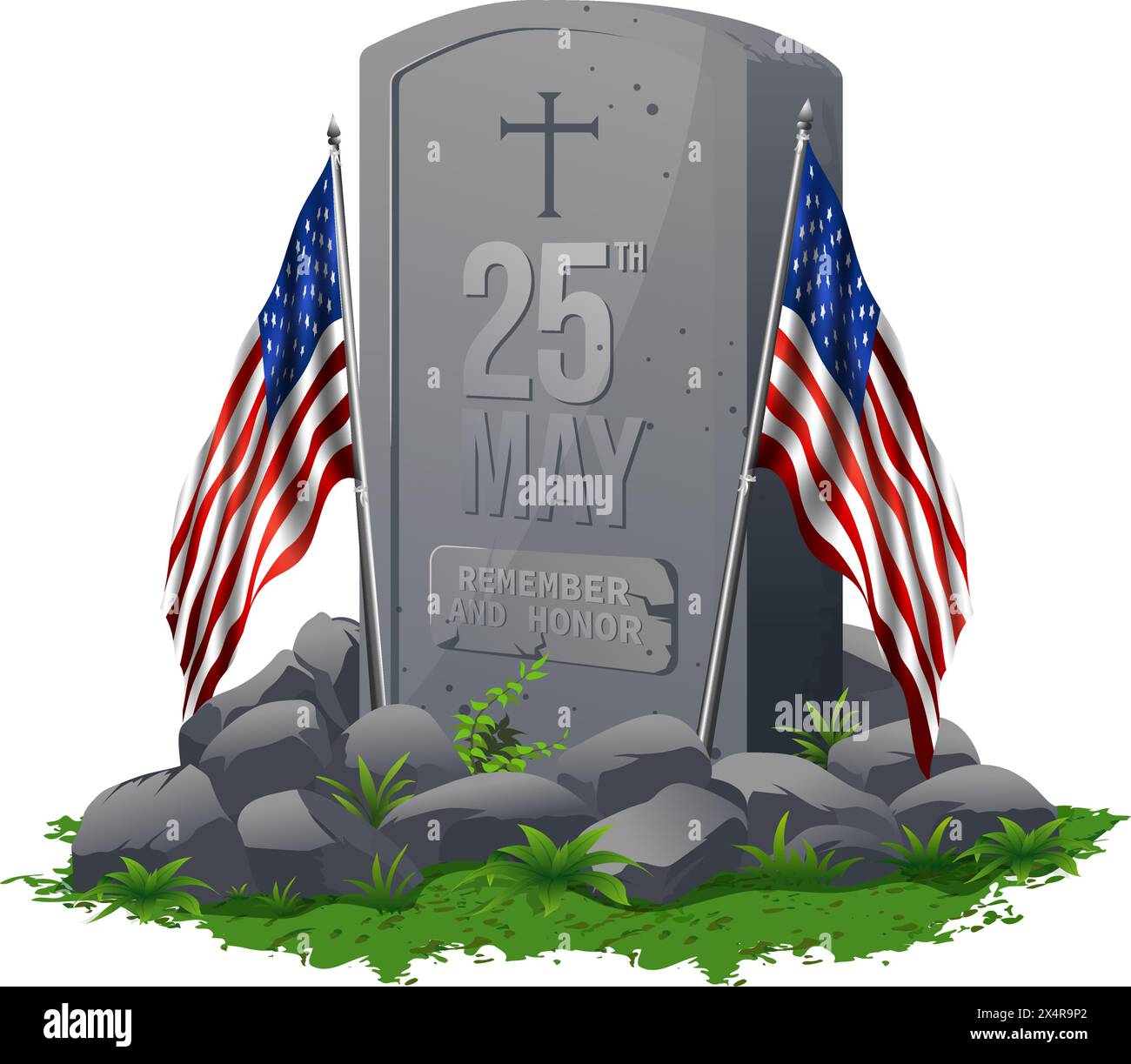 Memorial Day o Veterans Day, lapide in marmo con due bandiere USA, pietra ed erba. Illustrazione Vettoriale