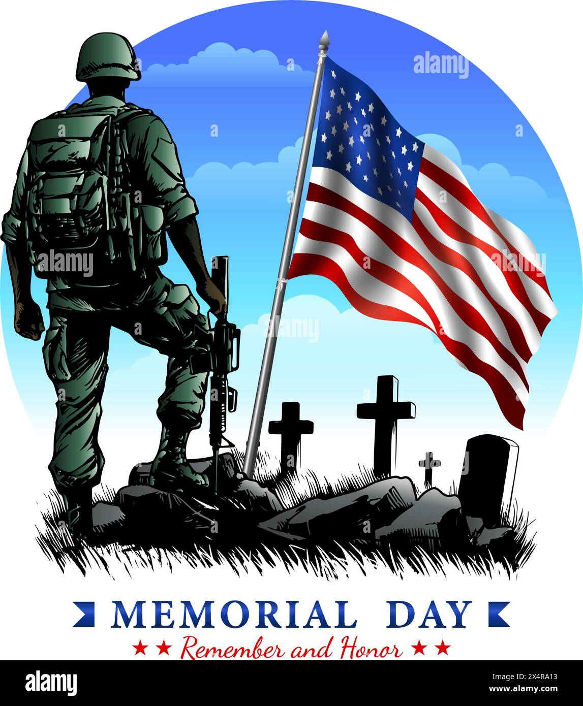 Simbolo o clipart del giorno dei veterani. Il soldato stava guardando le lapidi e la bandiera americana Illustrazione Vettoriale