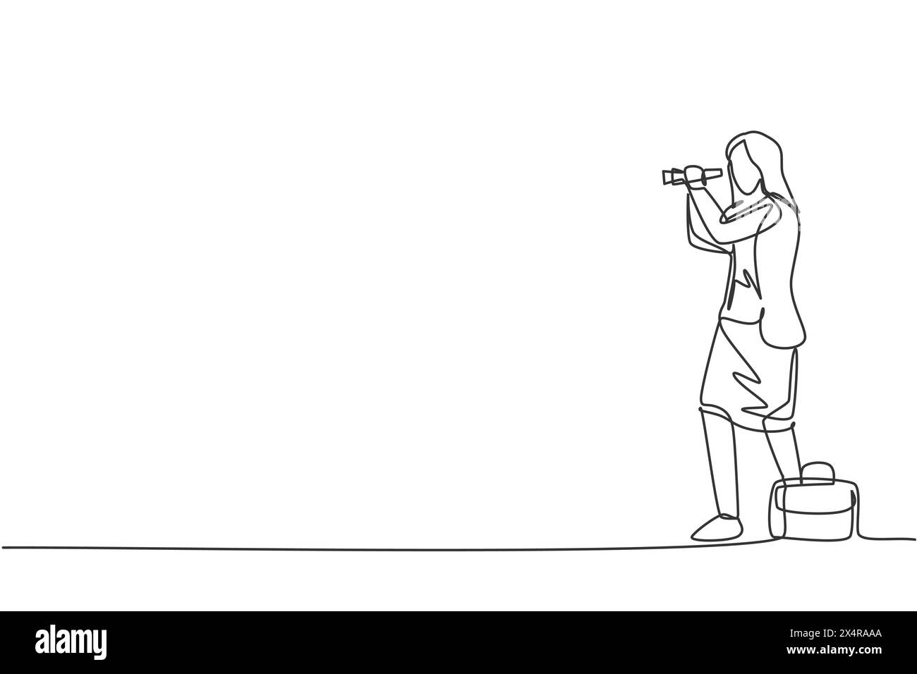 Disegno continuo su una linea di giovani lavoratrici che monitorano il mercato azionario con binoculare. Business manager di successo. Metafora concetto minimalista. Cantate Illustrazione Vettoriale