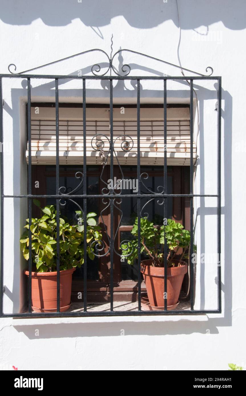 Il ferro battuto è una caratteristica onnipresente nella tradizionale architettura domestica del "Villaggio bianco" di Frigiliana, Andalusia, Spagna Foto Stock