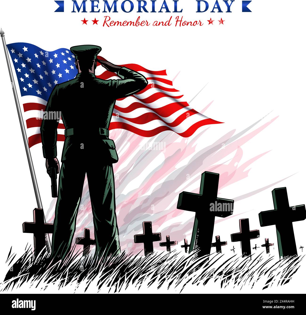 Simbolo o clipart del giorno dei veterani. Il soldato stava guardando le lapidi e la bandiera americana Illustrazione Vettoriale