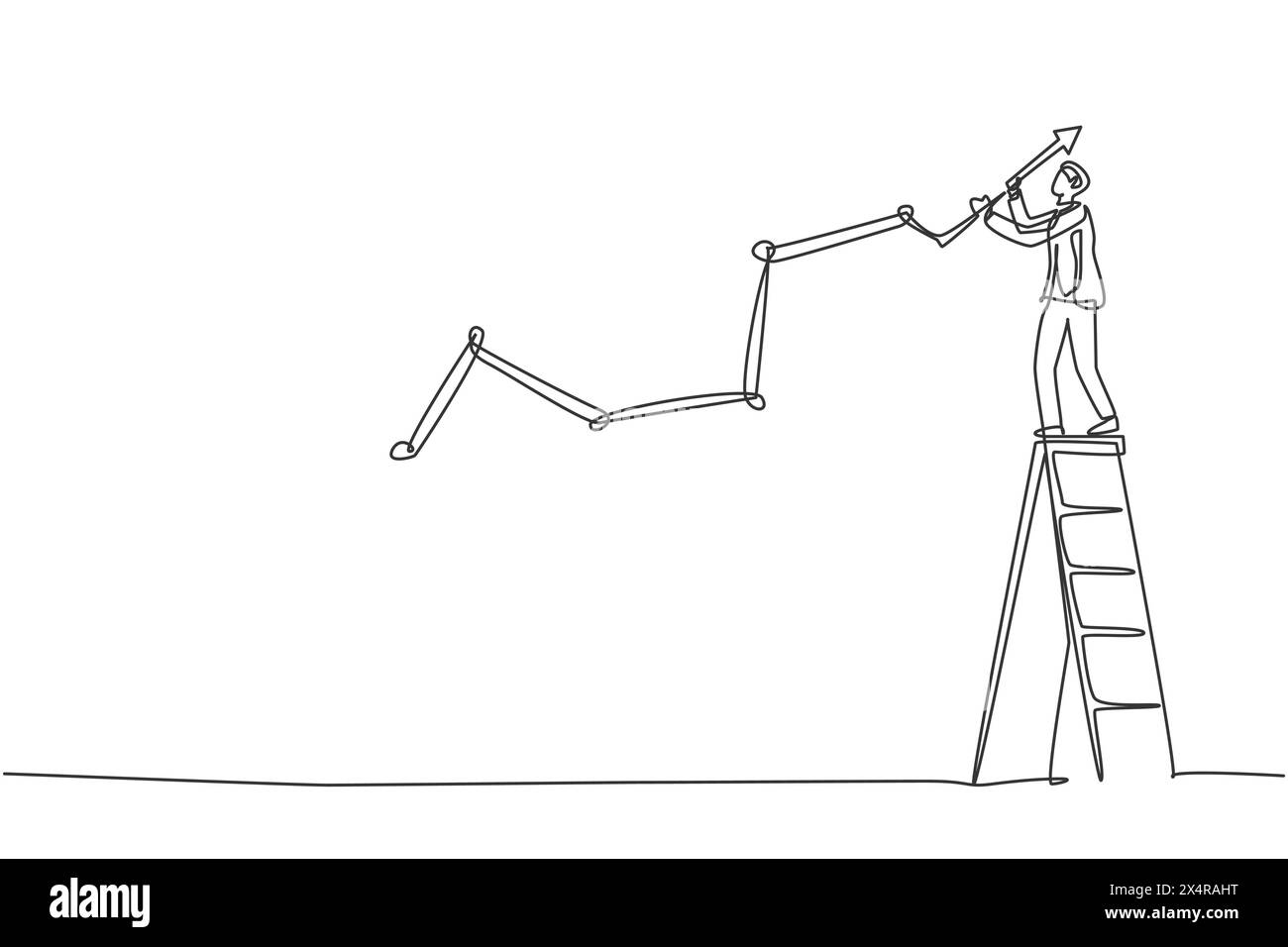 Il disegno continuo di un giovane e affascinante lavoratore maschile attira la crescita delle vendite aziendali sul muro. Concetto minimalista di Success Business Manager. Cantate alla moda Illustrazione Vettoriale