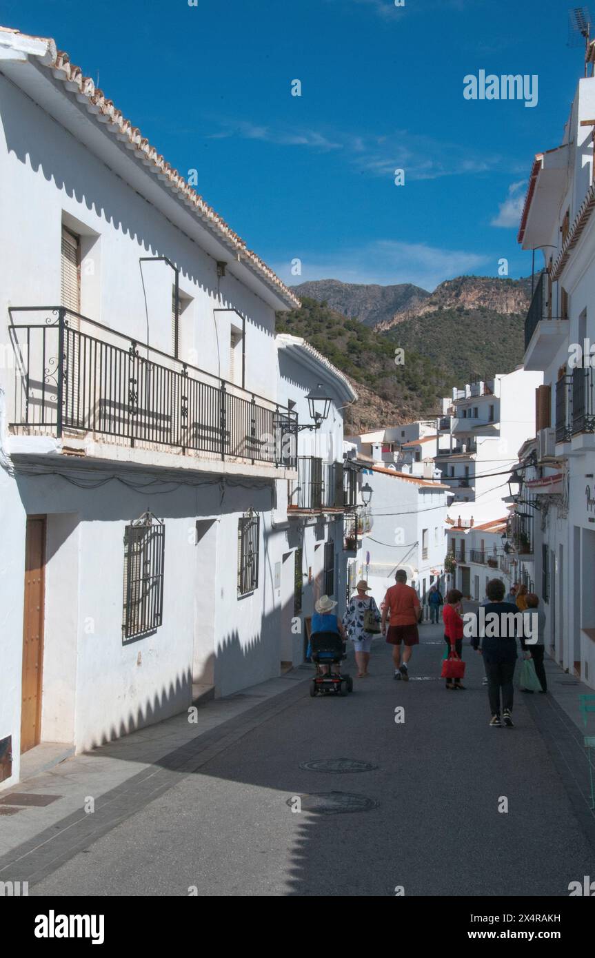 Gli edifici bianchi fiancheggiano le stradine e i vicoli del "Villaggio bianco" di Frigiliana, Andalusia, Spagna Foto Stock