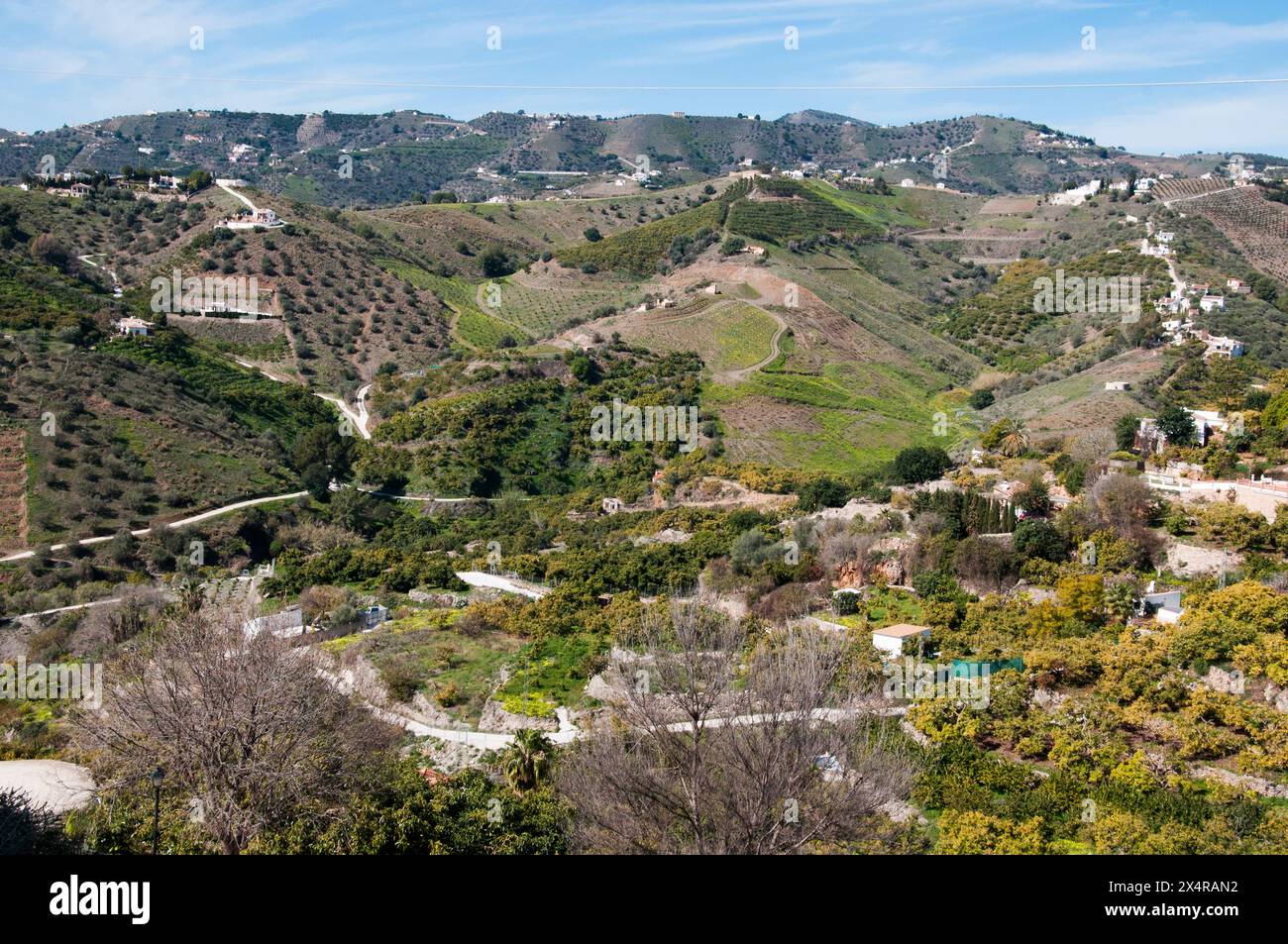 Frutteti e campi terrazzati si estendono sotto e oltre il "Villaggio bianco" di Frigiliana nella regione Axarquia dell'Andalusia, Spagna Foto Stock