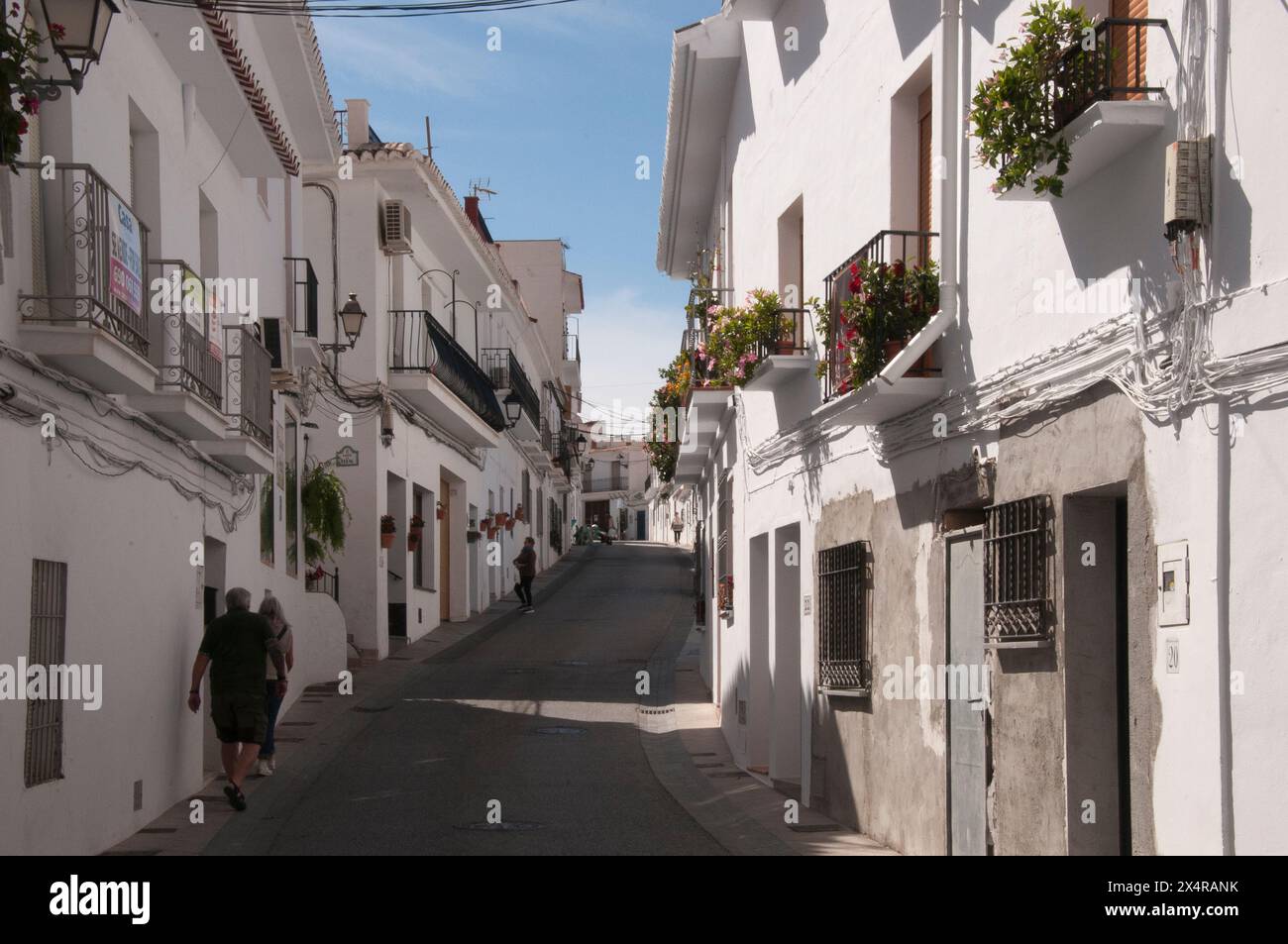 Gli edifici bianchi fiancheggiano le stradine e i vicoli del "Villaggio bianco" di Frigiliana, Andalusia, Spagna Foto Stock