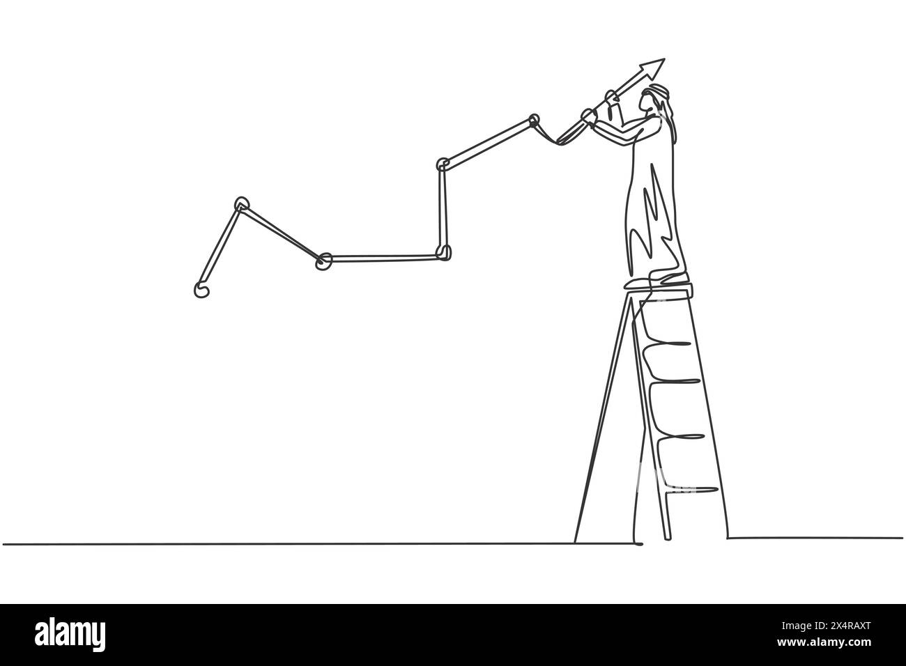 Un unico disegno a linea continua il giovane uomo d'affari arabo disegna un grafico di crescita delle vendite in aumento. Smart Success Marketing Manager. Concetto di minimalismo dinamico Illustrazione Vettoriale