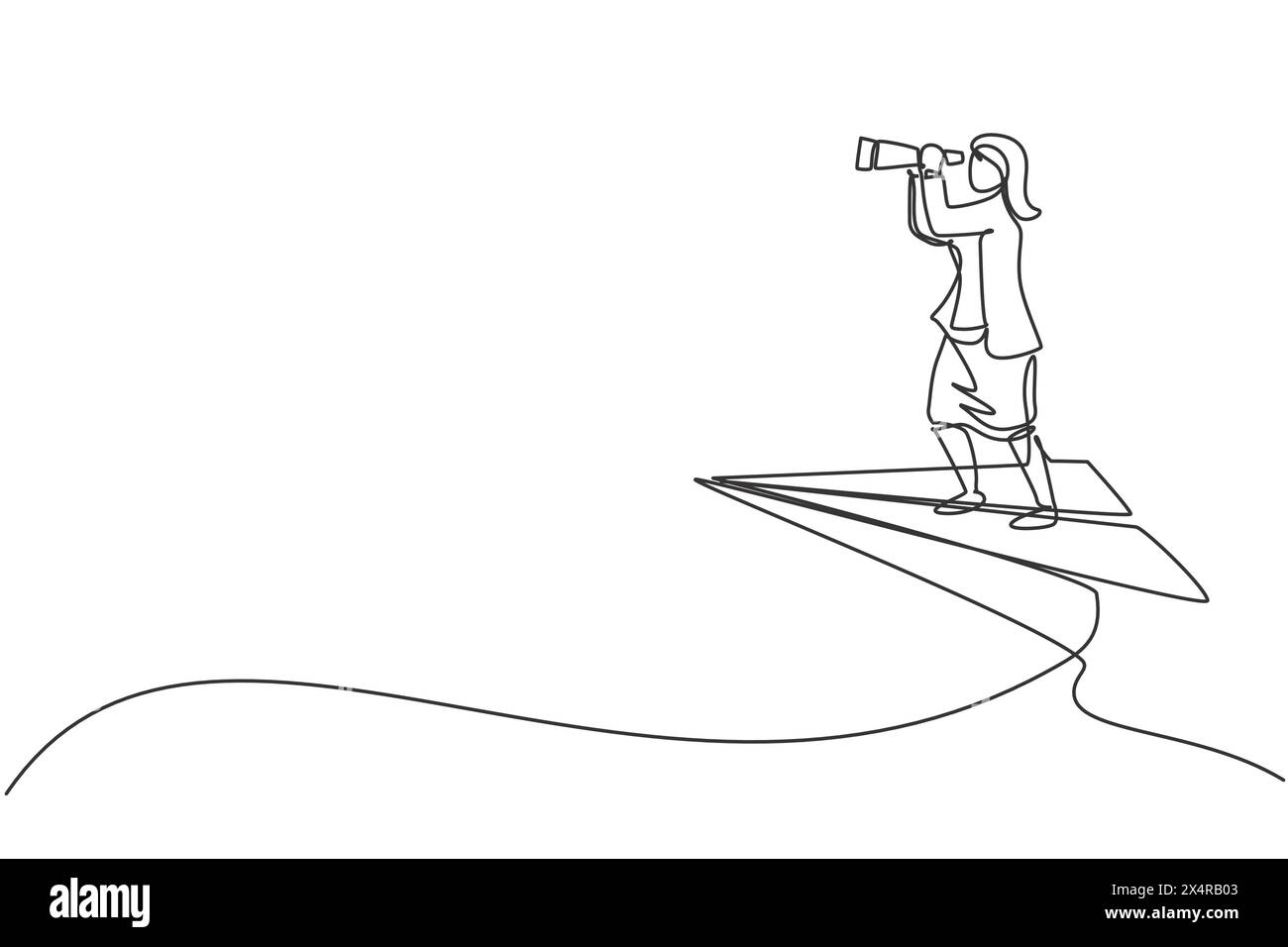 Un unico disegno di una giovane donna d'affari intelligente che vola e analizza la situazione aziendale. Concetto minimo di crescita delle vendite aziendali. Continuou moderno Illustrazione Vettoriale