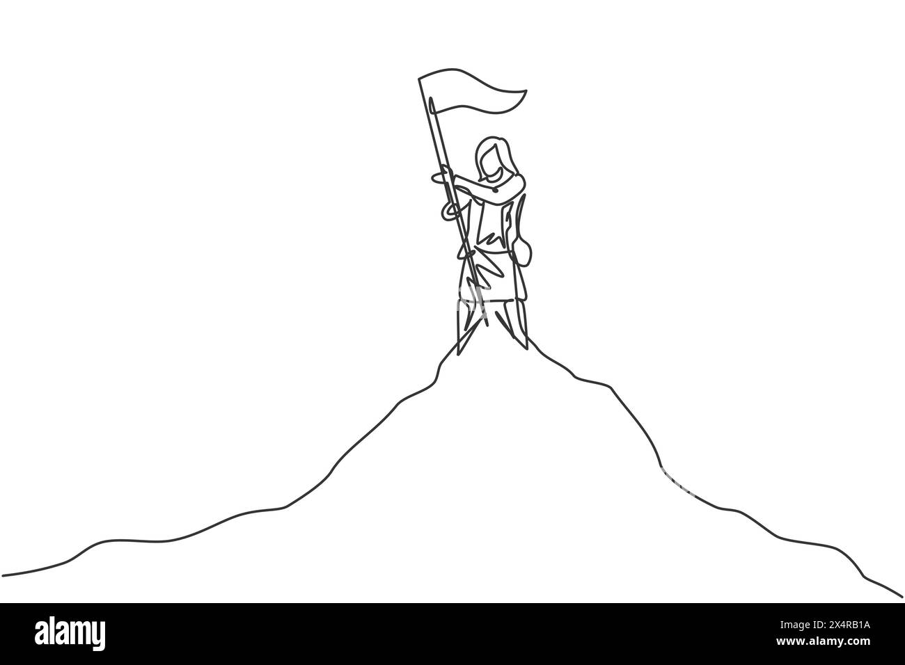Disegno su una sola linea di una giovane donna d'affari intelligente piantare bandiera sulla cima della montagna. Crescita delle vendite aziendali successo concetto minimo. Moderno continentale Illustrazione Vettoriale