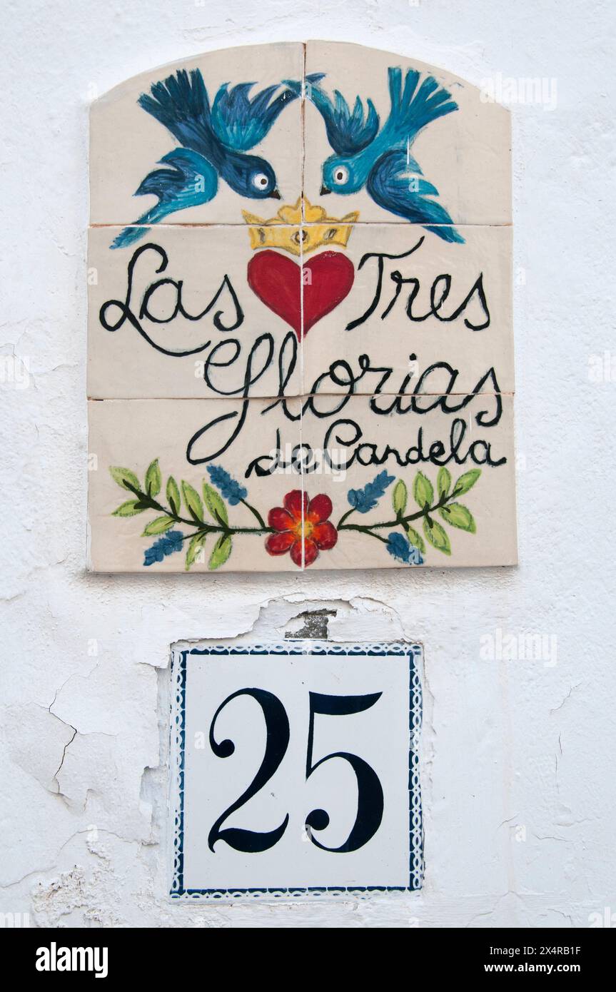 Azulejo o opere d'arte in piastrelle smaltate che decorano una casa nel "Villaggio dei bianchi" di Frigiliana, Andalusia, Spagna Foto Stock