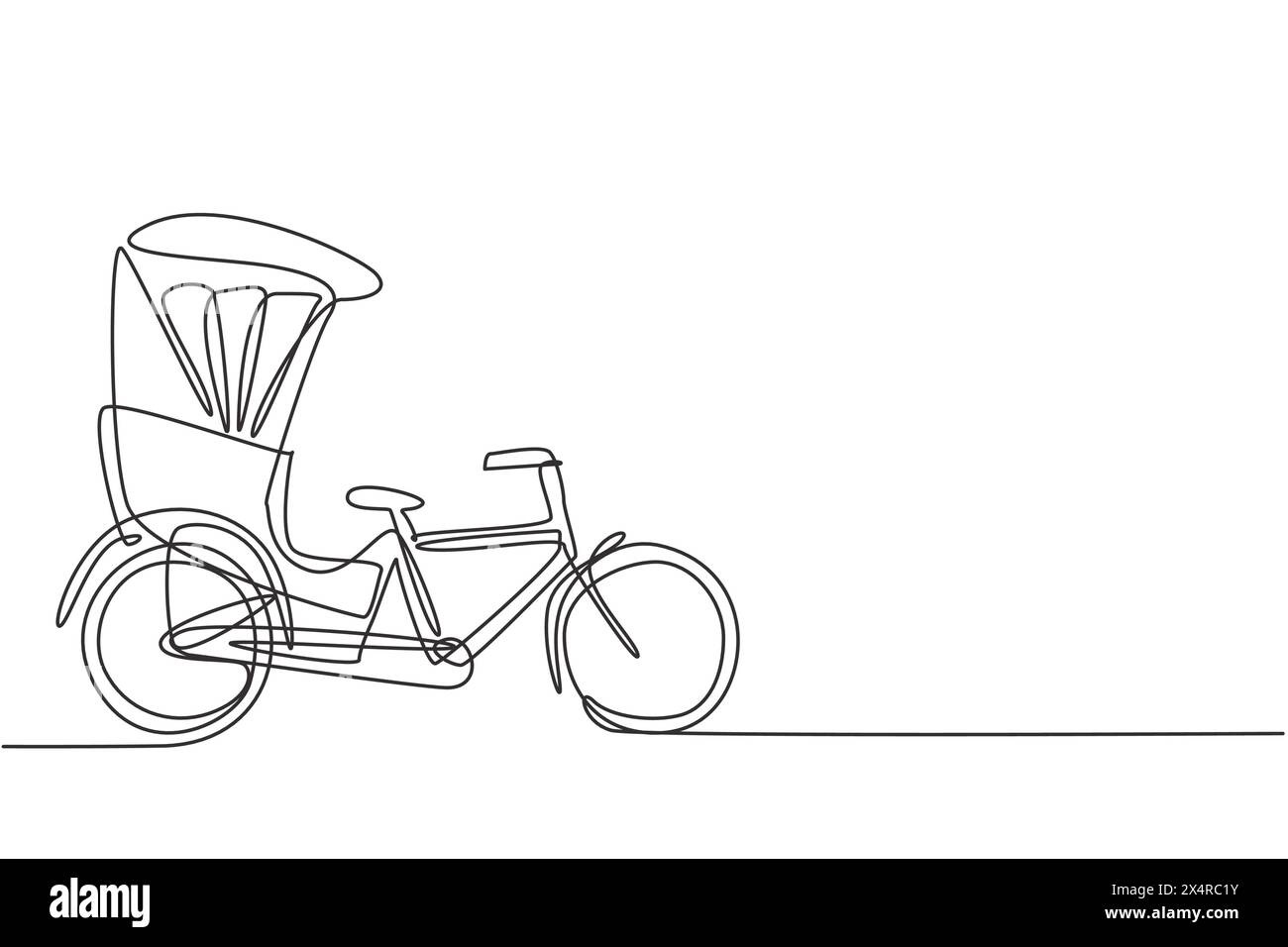 Una singola linea continua che traccia il risciò visto lateralmente tira il passeggero seduto dietro di esso con un pedale per bicicletta. Veicolo turistico. Uno Illustrazione Vettoriale