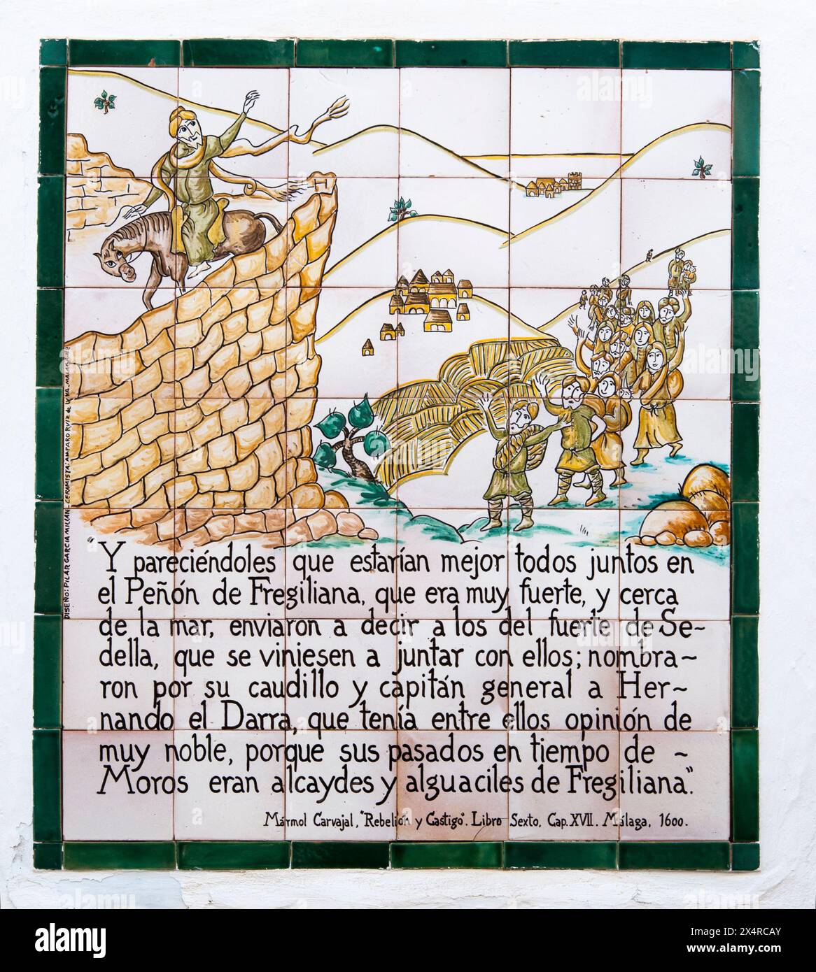 Azulejo o opere d'arte in piastrelle smaltate nel "Villaggio dei bianchi" di Frigiliana, Andalusia, Spagna Foto Stock