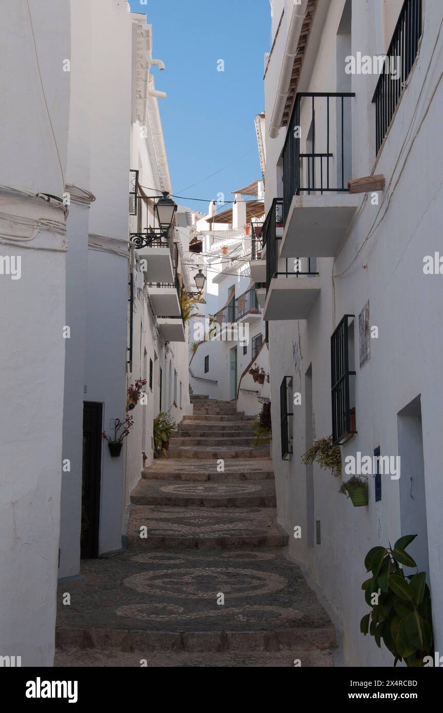 Gli edifici bianchi fiancheggiano le stradine e i vicoli del "Villaggio bianco" di Frigiliana, Andalusia, Spagna Foto Stock