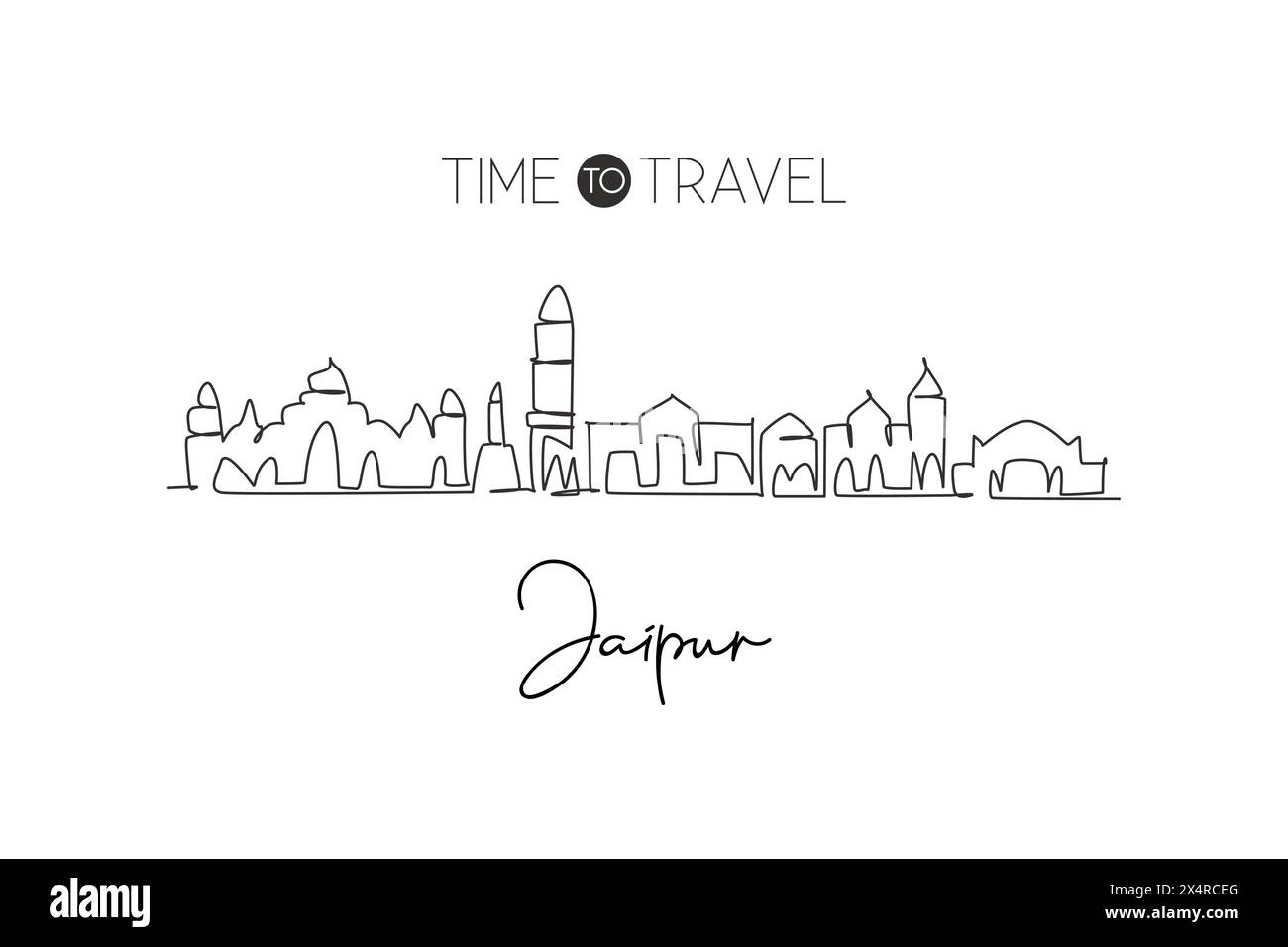 Un disegno continuo dello skyline della città di Jaipur, India. Splendido punto di riferimento. Mondo paesaggio turismo viaggio casa decorazione parete poster stampa arte. Stylis Illustrazione Vettoriale