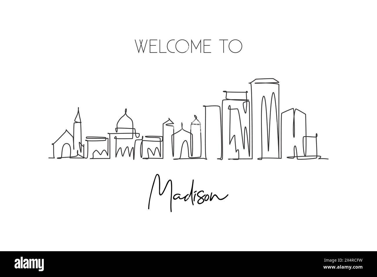 Disegno a linea singola continua dello skyline di Madison, Wisconsin. Il famoso paesaggio cittadino dei raschiatori. World Travel Home decor da parete Art poster print cep Illustrazione Vettoriale