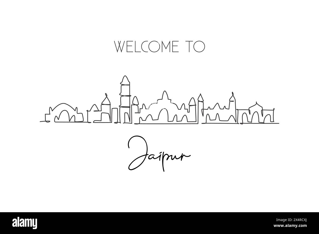 Disegno a linea singola continua dello skyline della città di Jaipur, India. Il famoso paesaggio cittadino dei raschiatori. Arredamento da parete, stampa di poster artistici. Mo Illustrazione Vettoriale
