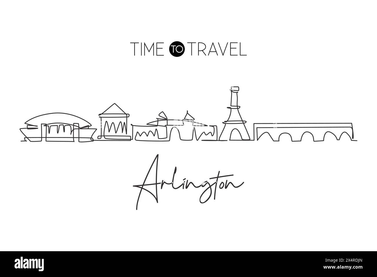 Disegno a linea singola continua dello skyline di Arlington, Virginia, Stati Uniti. Città famosa per la stampa di decorazioni murali. Concetto di viaggio nel mondo. Modalità traccia modificabile Illustrazione Vettoriale