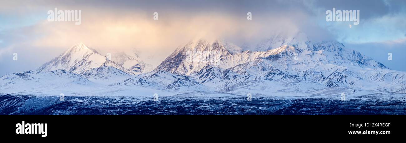 Panorama delle montagne della catena dell'Alaska all'alba, vicino a Fairbanks, Alaska, Stati Uniti Foto Stock