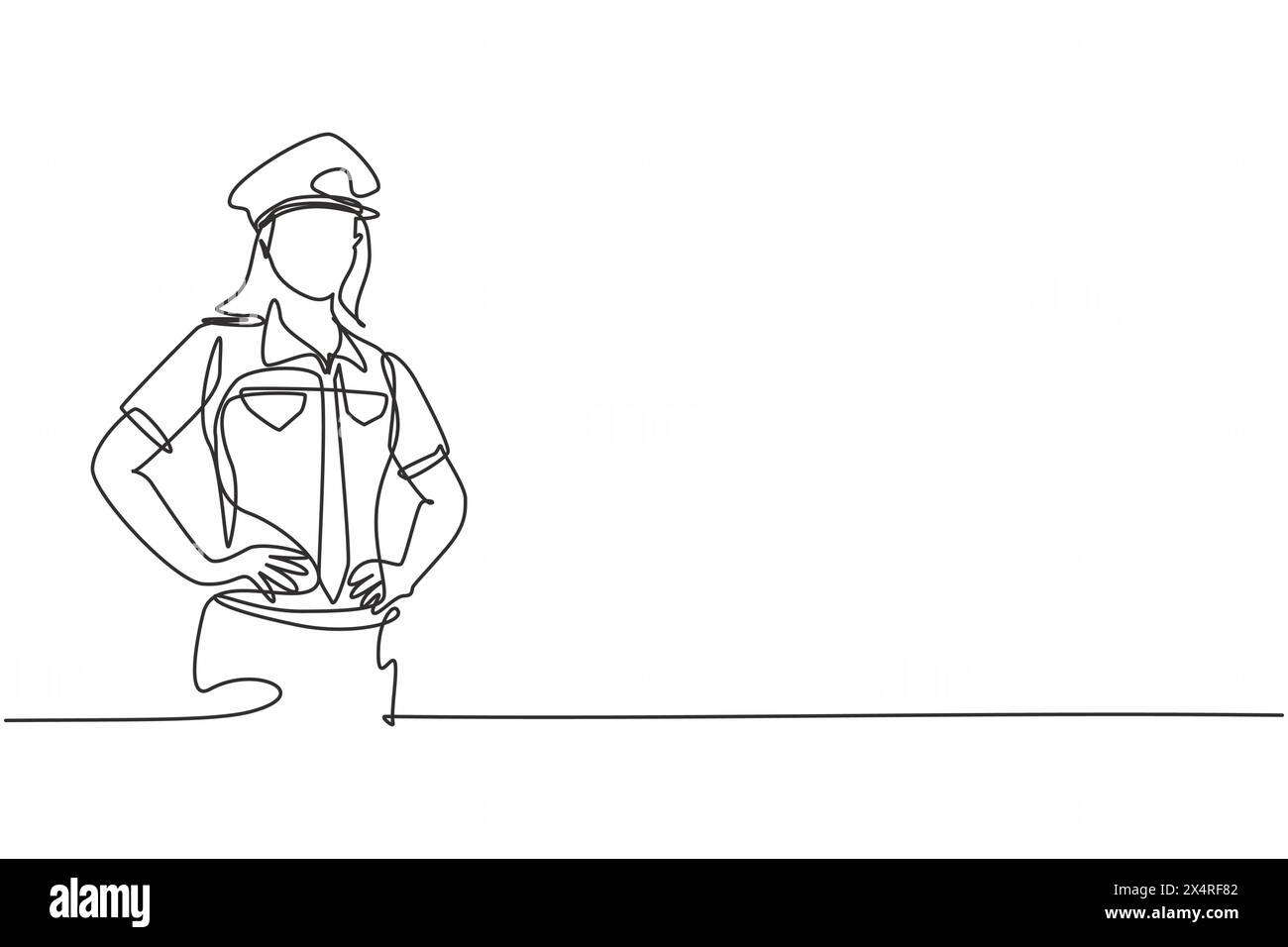 Disegno continuo di una linea di giovane bellezza polizia femminile in piedi uniforme con le mani sull'anca. Professione professionale concetto minimalista. Singolo Illustrazione Vettoriale