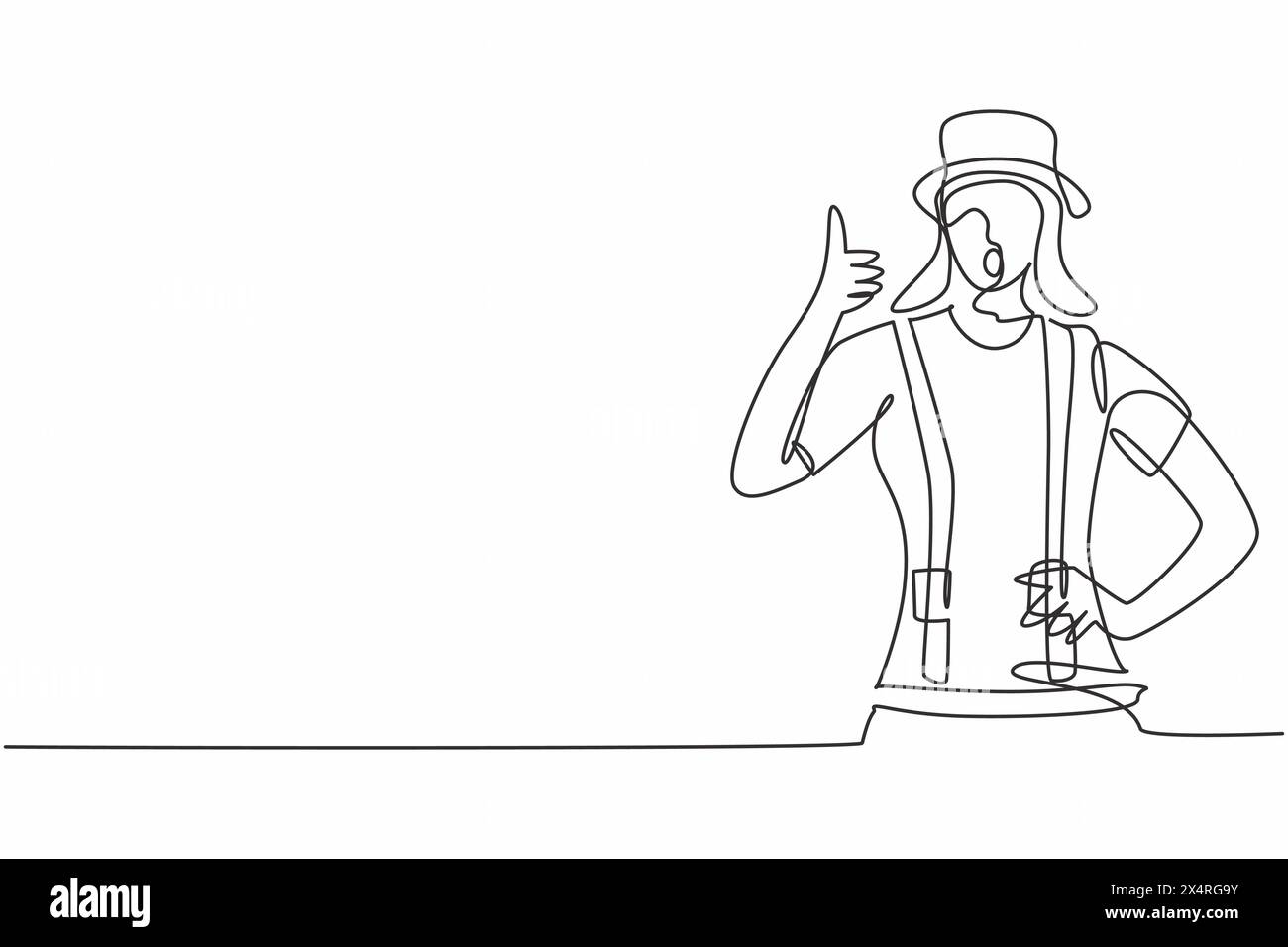 Un solo disegno di una linea di una donna mimetista con gesti di pollice e trucco facciale bianco mette in scena uno spettacolo di commedia in movimento muta all'arena del circo. Conti Illustrazione Vettoriale