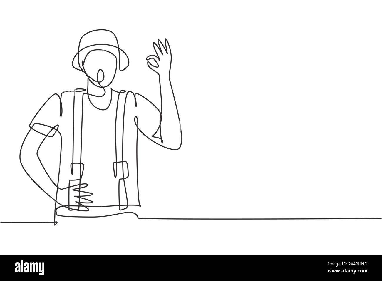 Il disegno di una sola riga di un artista mimo con un gesto e un trucco con il volto bianco mette in scena uno spettacolo di commedia silenziosa all'arena del circo. Moderno e continuo Illustrazione Vettoriale