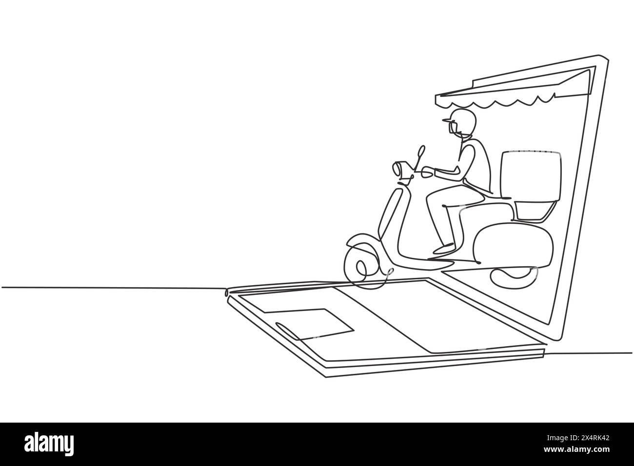 Linea singola continua disegnare il corriere che guida lo scooter che trasporta la confezione da un gigantesco schermo per laptop con tettoia. Servizio di consegna online. Attivazione dinamica Illustrazione Vettoriale