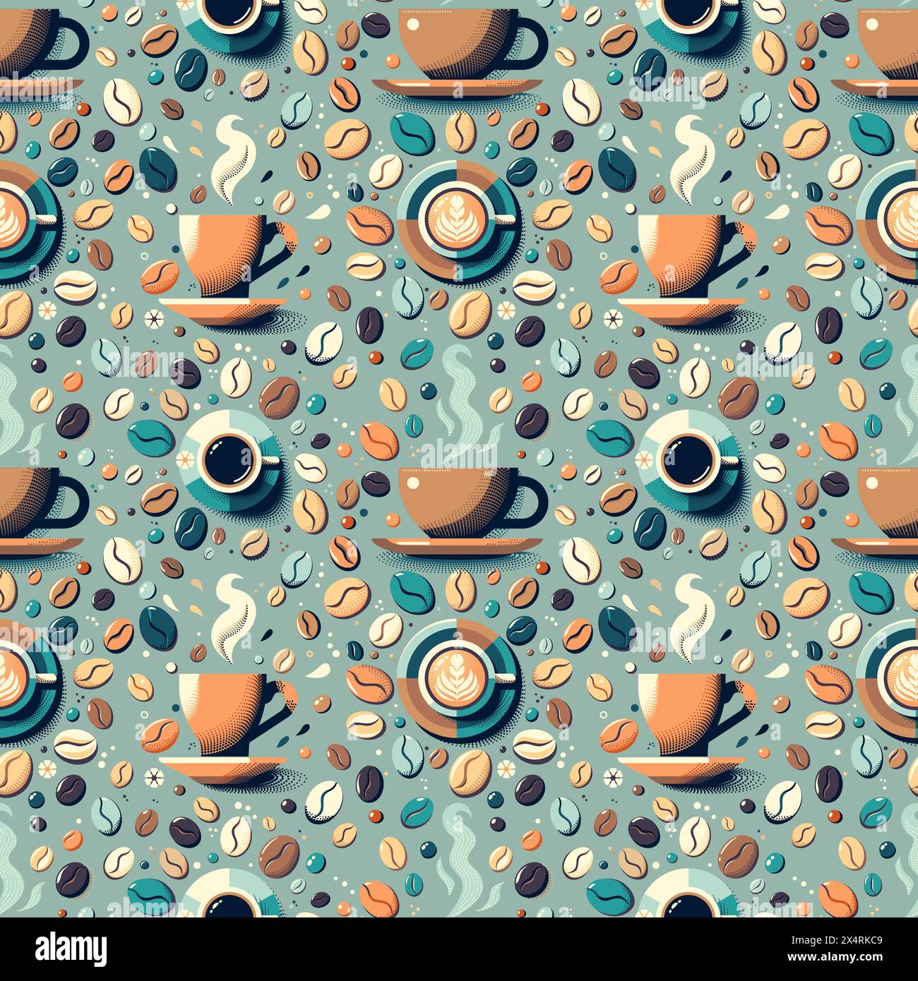 Fondo Vector vintage Cartoon senza cuciture, tazza di caffè e colorato motivo di chicchi di caffè Illustrazione Vettoriale