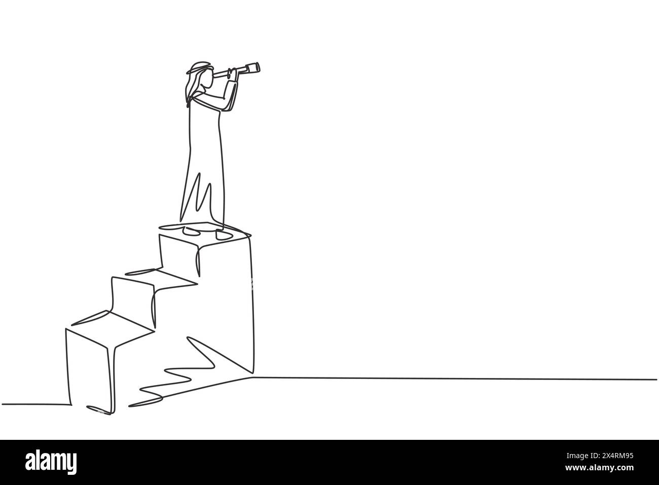 Un concetto di visione continua su una sola linea in affari di uomo d'affari arabo e telescopio, monoculare. Symbol leadership, strategia, missione, obiettivo Illustrazione Vettoriale