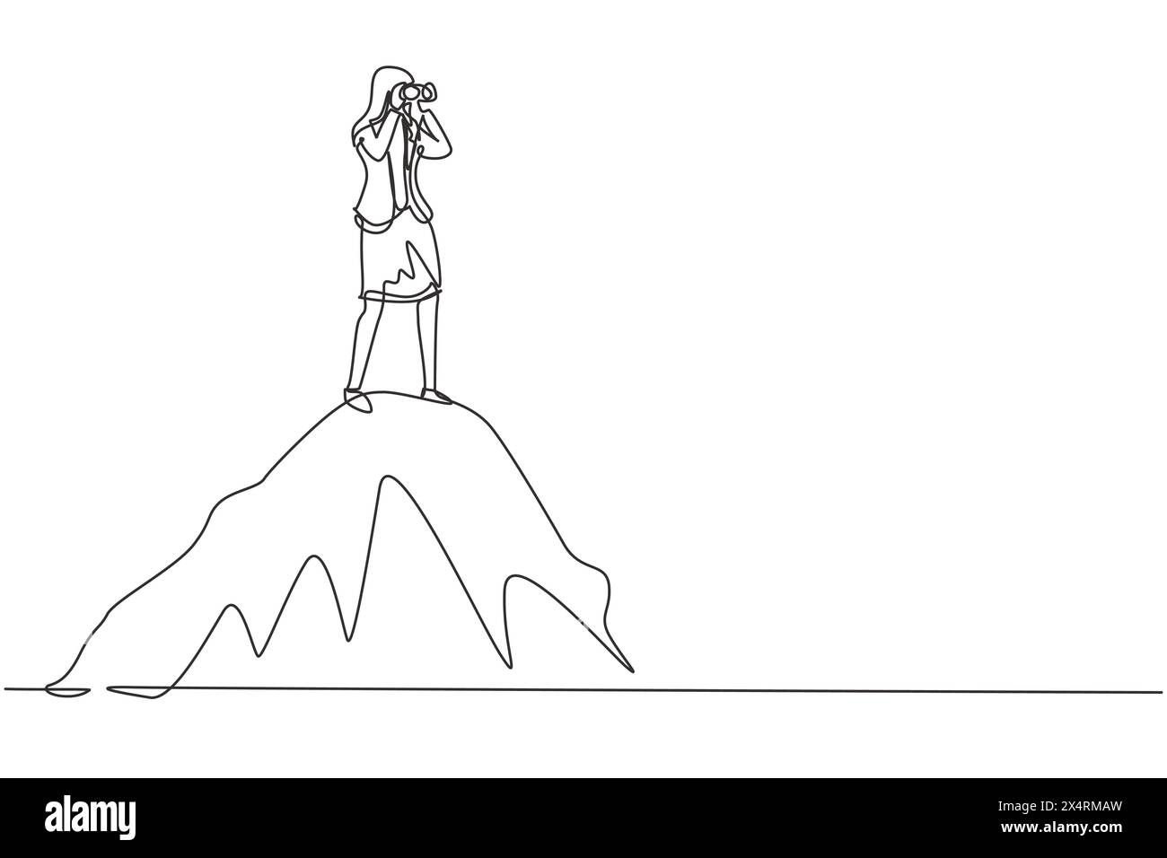 Linea singola continua che disegna una donna d'affari in piedi su una collina mentre guarda un binocolo. Symbol leadership, strategia, missione, obiettivi. Dinamico o Illustrazione Vettoriale