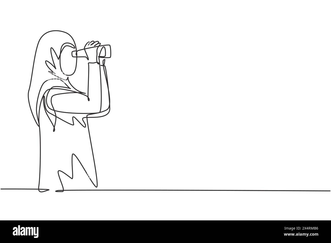 Una linea continua che disegna una donna araba che guarda a distanza con un binocolo. Goditi la bellezza della natura a perdita d'occhio. Trova qualcosa di interessante Illustrazione Vettoriale