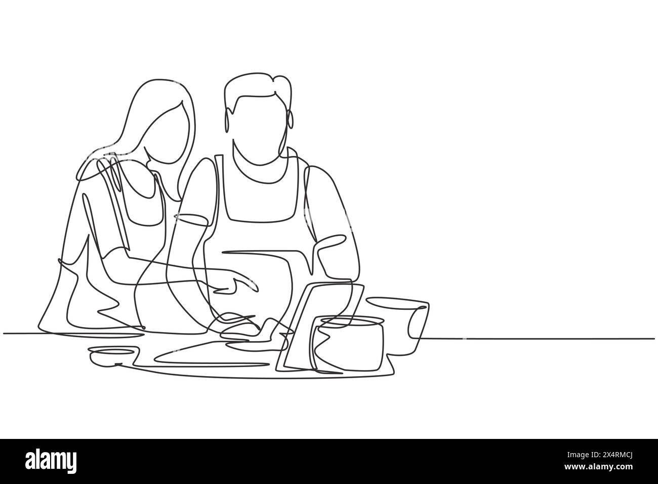 Una sola linea disegna una coppia felice e romantica cucinare insieme mentre guardi il tutorial dal tablet. Impara a cucinare con la tecnologia moderna. conti moderni Illustrazione Vettoriale
