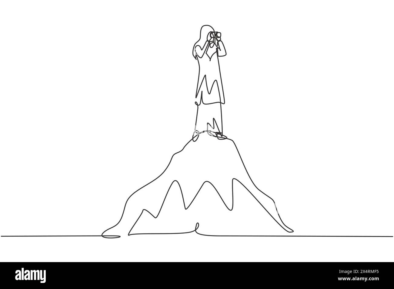 Una sola linea che disegna una donna d'affari araba in piedi sulla collina mentre guarda un binocolo. Symbol leadership, strategia, missione, obiettivi. Continua Illustrazione Vettoriale
