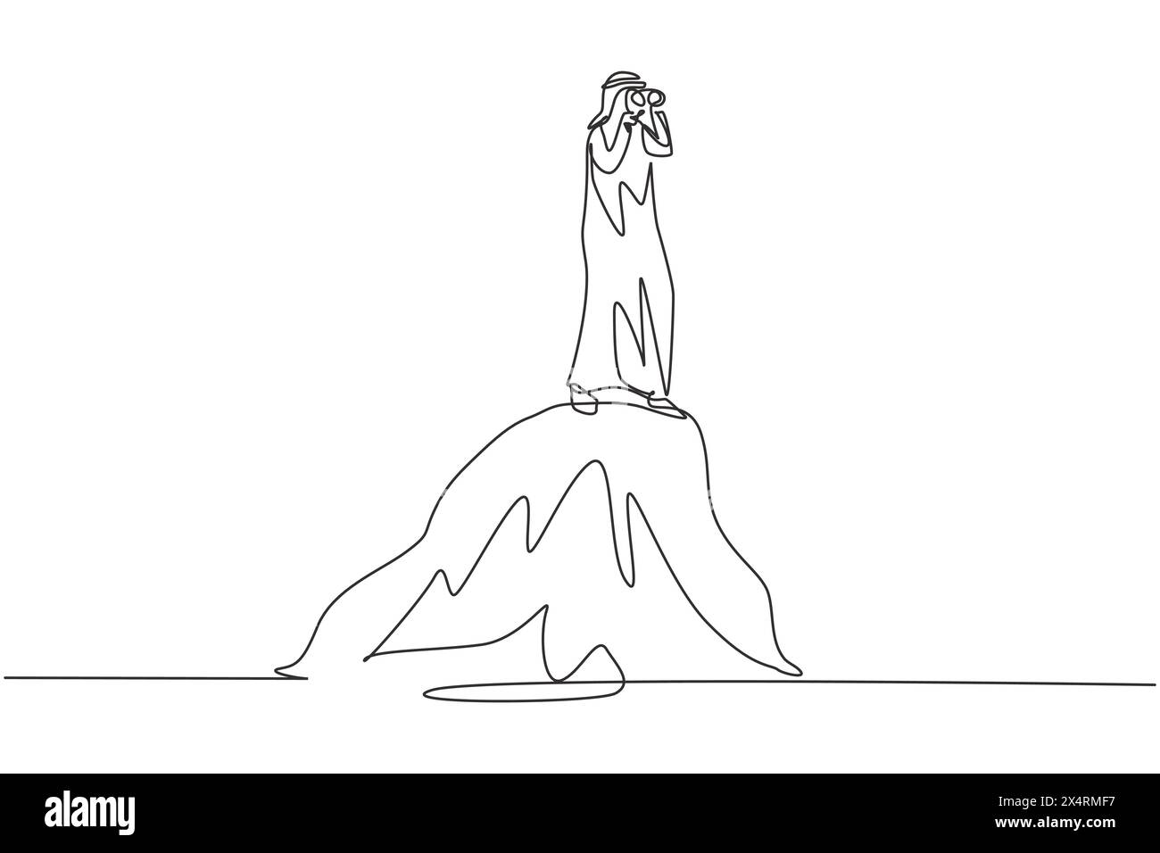 Linea singola continua che disegna un uomo d'affari arabo in piedi sulla collina mentre guarda un binocolo. Symbol leadership, strategia, missione, obiettivi. Dynami Illustrazione Vettoriale
