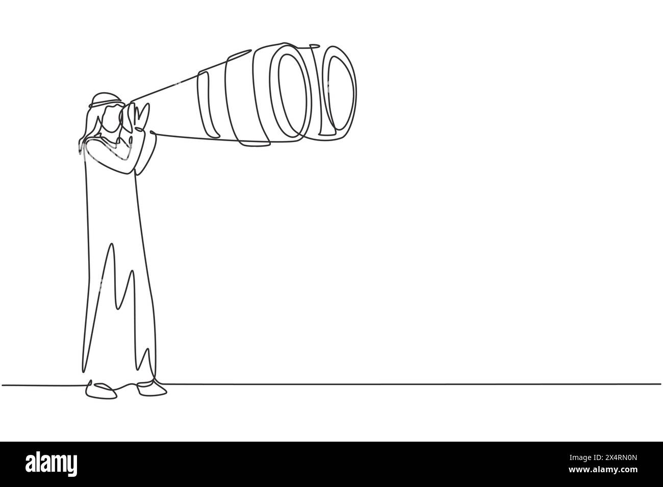 Una sola linea che disegna un turista arabo felice che guarda attraverso un binocolo grande molto avanti. Il giovane gentiluomo viaggia con gli occhiali da campo. conti moderni Illustrazione Vettoriale