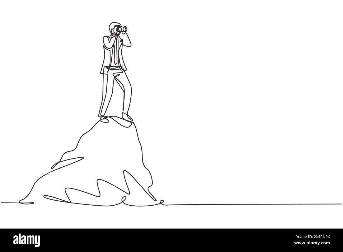 Una sola linea che attira un giovane uomo d'affari in piedi sulla collina mentre guarda un binocolo. Symbol leadership, strategia, missione, obiettivi. conti moderni Illustrazione Vettoriale