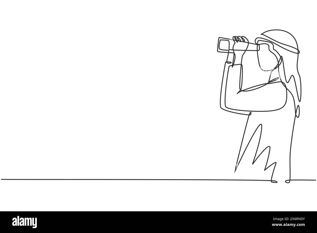 Linea singola continua che disegna un uomo arabo che guarda a distanza con un binocolo. Goditi la bellezza della natura a perdita d'occhio. Trovate qualcosa di intere Illustrazione Vettoriale