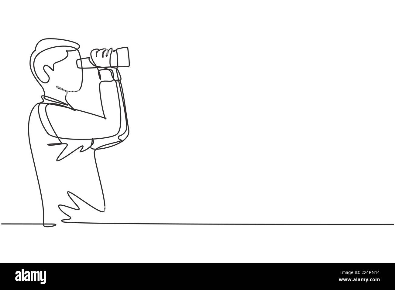 Una linea continua che disegna un giovane che guarda a distanza con un binocolo. Goditi la bellezza della natura a perdita d'occhio. Trova qualcosa di interessante Illustrazione Vettoriale