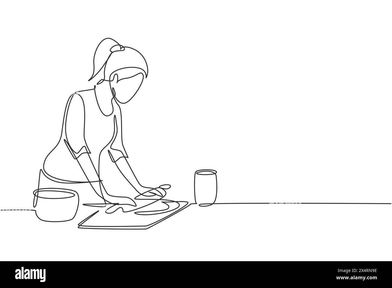 Una sola linea disegna una giovane donna che prepara l'impasto per biscotti utilizzando il mattarello al tavolo della cucina. Preparare panetteria e pizza fatta in casa. Continuou moderno Illustrazione Vettoriale