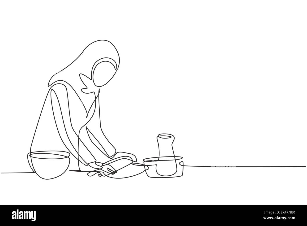 Una sola linea disegna una donna araba che prepara impasti per biscotti utilizzando il mattarello a un comodo tavolo da cucina. Preparare panetteria e pizza fatta in casa. conti moderni Illustrazione Vettoriale