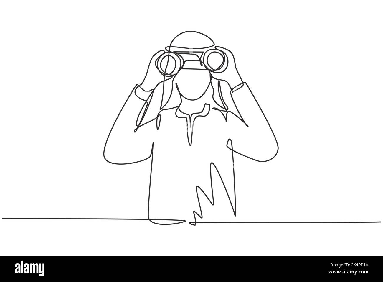 Una sola linea che disegna un uomo d'affari arabo che guarda attraverso binocoli in cerca di lavoro. Trova tutte le opportunità nel mondo dei posti di lavoro adatti. Contin Illustrazione Vettoriale