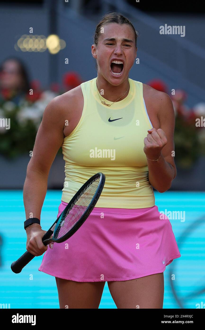 Aryna Sabalenka durante il match di finale femminile contro IgA Swiatek il giorno dodici del mutua Madrid Open a la Caja Magica il 4 maggio 2024 a ma Foto Stock