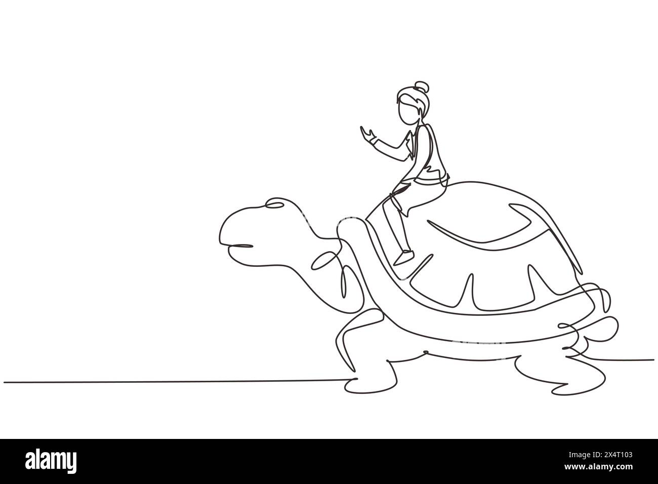 Una linea continua che attira una donna d'affari che cavalca un'enorme tartaruga. Lento movimento verso il successo, manager che guida tartaruga gigante. Concetto di concorrenza aziendale. Illustrazione Vettoriale