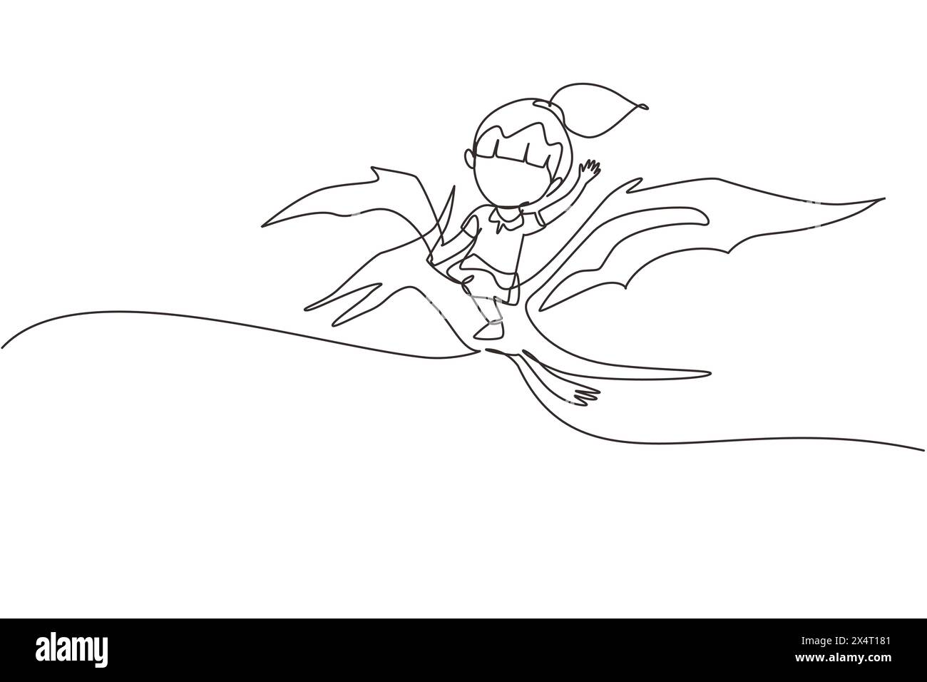 Una linea continua che disegna una ragazza che cavalca un dinosauro volante. Pterodattilo cavalca con un bambino seduto sul retro del dinosauro e volando in alto nel cielo. Singolo li Illustrazione Vettoriale