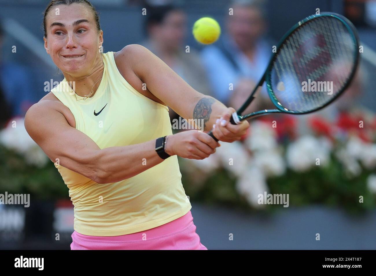 Aryna Sabalenka durante il match di finale femminile contro IgA Swiatek il giorno dodici del mutua Madrid Open a la Caja Magica il 4 maggio 2024 a ma Foto Stock