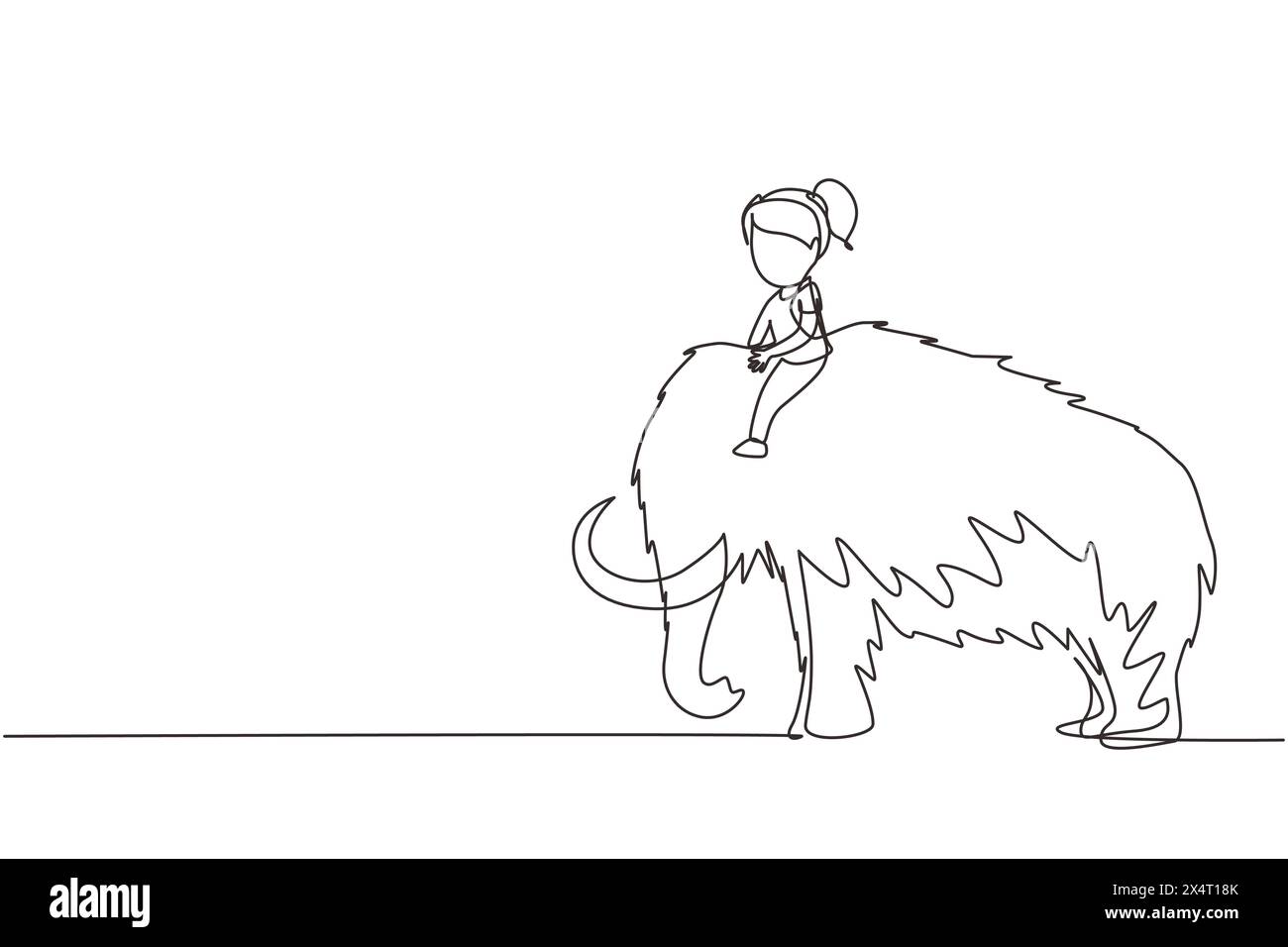 Linea singola continua che disegna una bambina cavalcatrice che cavalca mammut lanuginoso. Ragazzino seduto sul retro del mammut. Bambini dell'età della pietra. Antica vita umana Illustrazione Vettoriale
