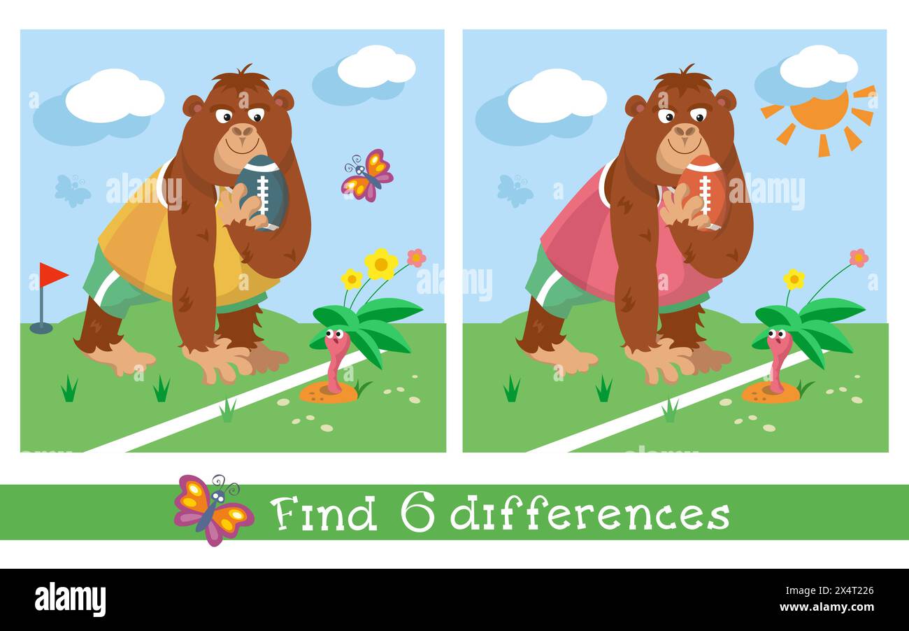 Individuare 6 differenze. Puzzle per bambini. Carino gorilla che gioca a rugby. Illustrazione di un cartone animato vettoriale. Divertente scimmia animaletto in tuta per il design Illustrazione Vettoriale
