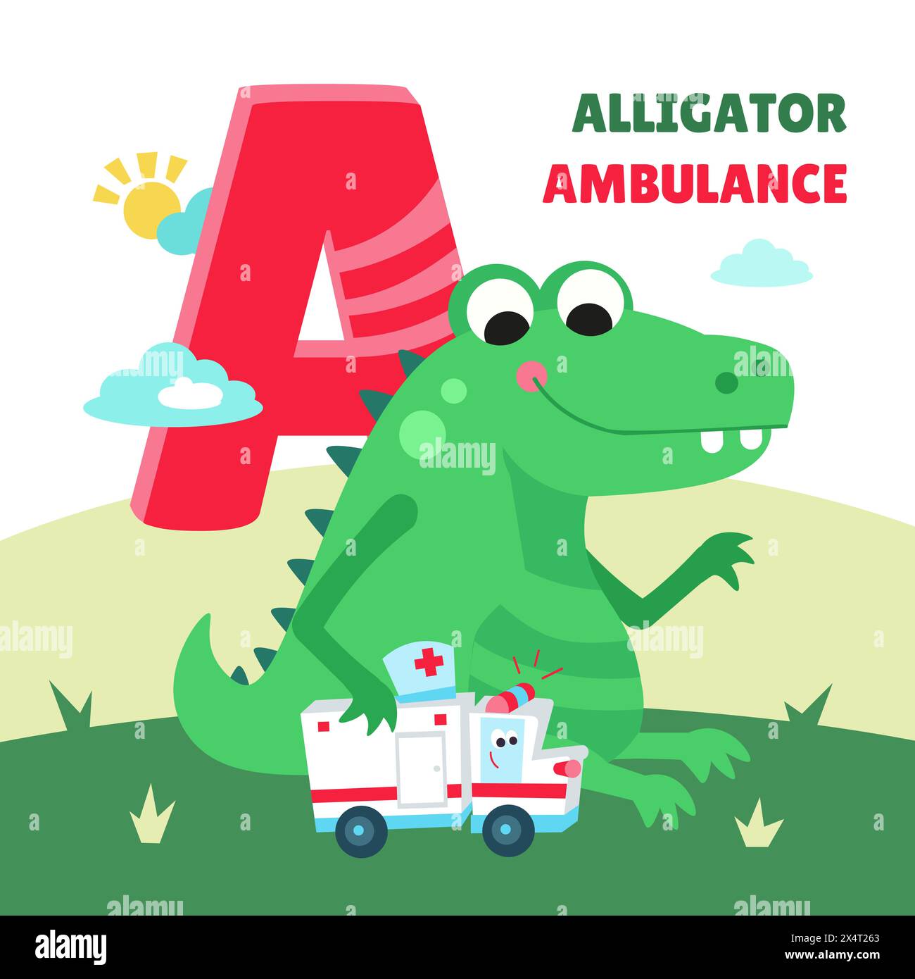 Lettera A. alfabeto, carta con carini personaggi in stile cartoni animati. Alligatore e ambulanza. ABC. Istruzione per bambini. Attività in età prescolare. Vettore Illustrazione Vettoriale