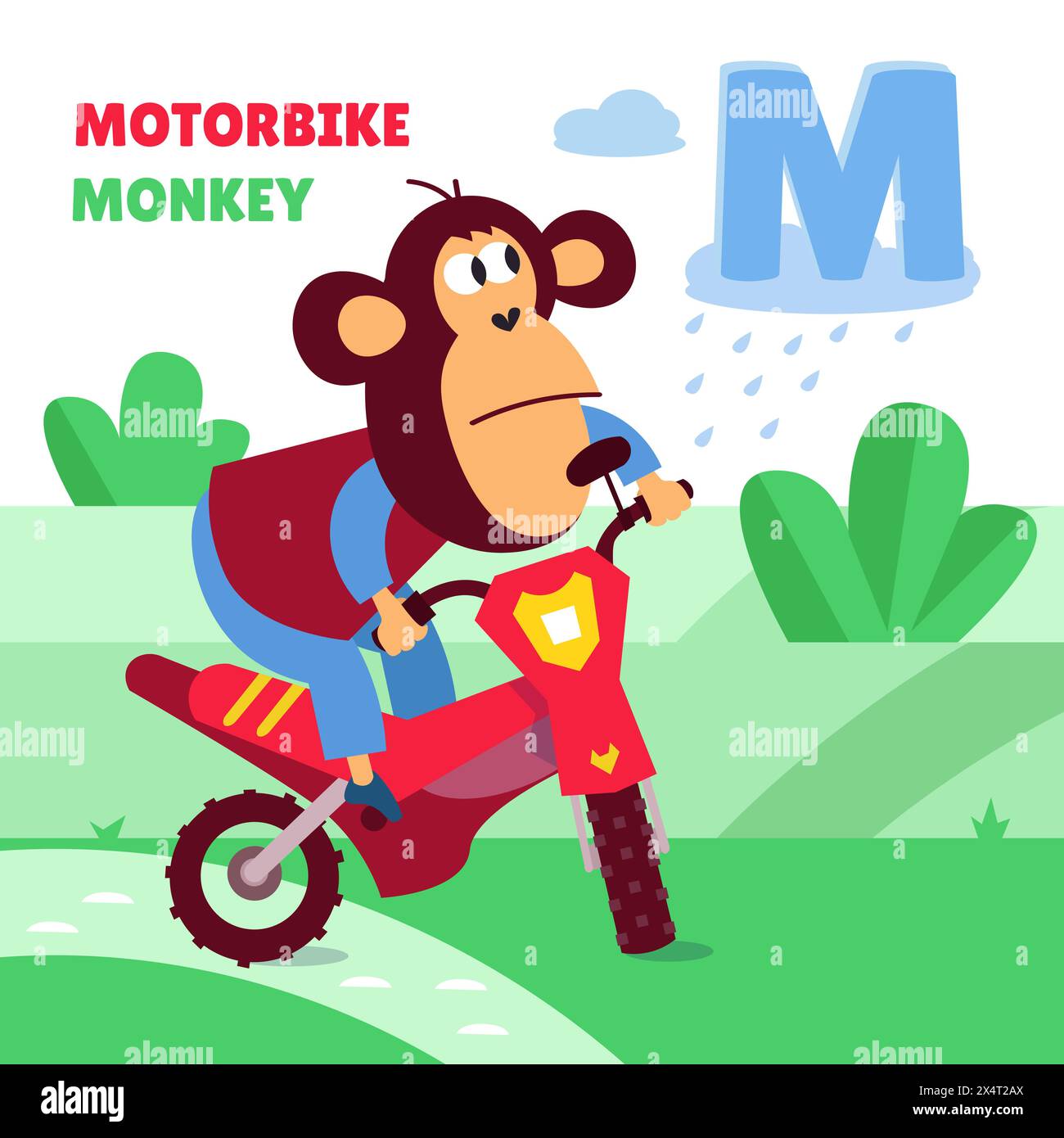 Bella scimmia in moto. Trasporto e animali. Lettera M. alfabeto, carta con caratteri in stile cartoni animati. ABC. Istruzione per bambini. In età prescolare Illustrazione Vettoriale