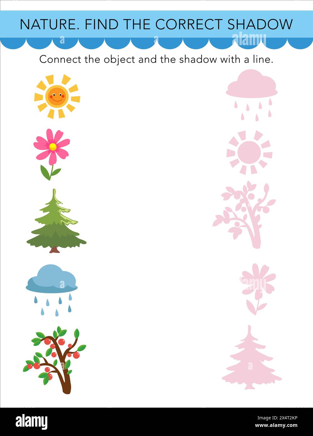 Trovare l'ombra corretta. Puzzle Game per bambini. Graziosi oggetti in stile cartoni animati. Natura su sfondo bianco. Attività in età prescolare. Illustrazioni vettoriali. Illustrazione Vettoriale