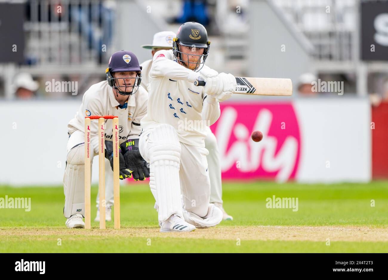 Tom Alsop batté per il Sussex guardato da Brooke Guest in un match per il Vitality County Championship tra Derbyshire e Sussex Foto Stock